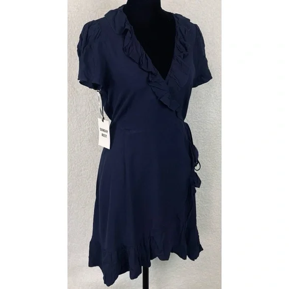 (NWT) SUNDAY BEST • Aritzia Navy Blue Savoy Ruffle Wrap Mini Dress, S - Picture 12 of 16